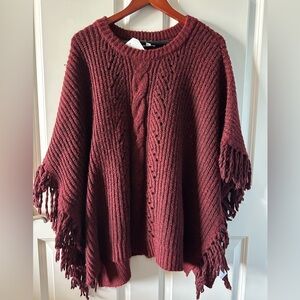 Wonderly Burgundy Cable Knit Fringe Poncho Sweater L/XL Cozy Fall